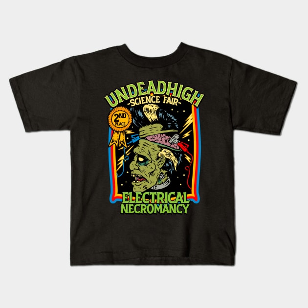 Frankenstein's Undead High Science Fair Electrical Necromancy Kids T-Shirt by MonstersandMartians
